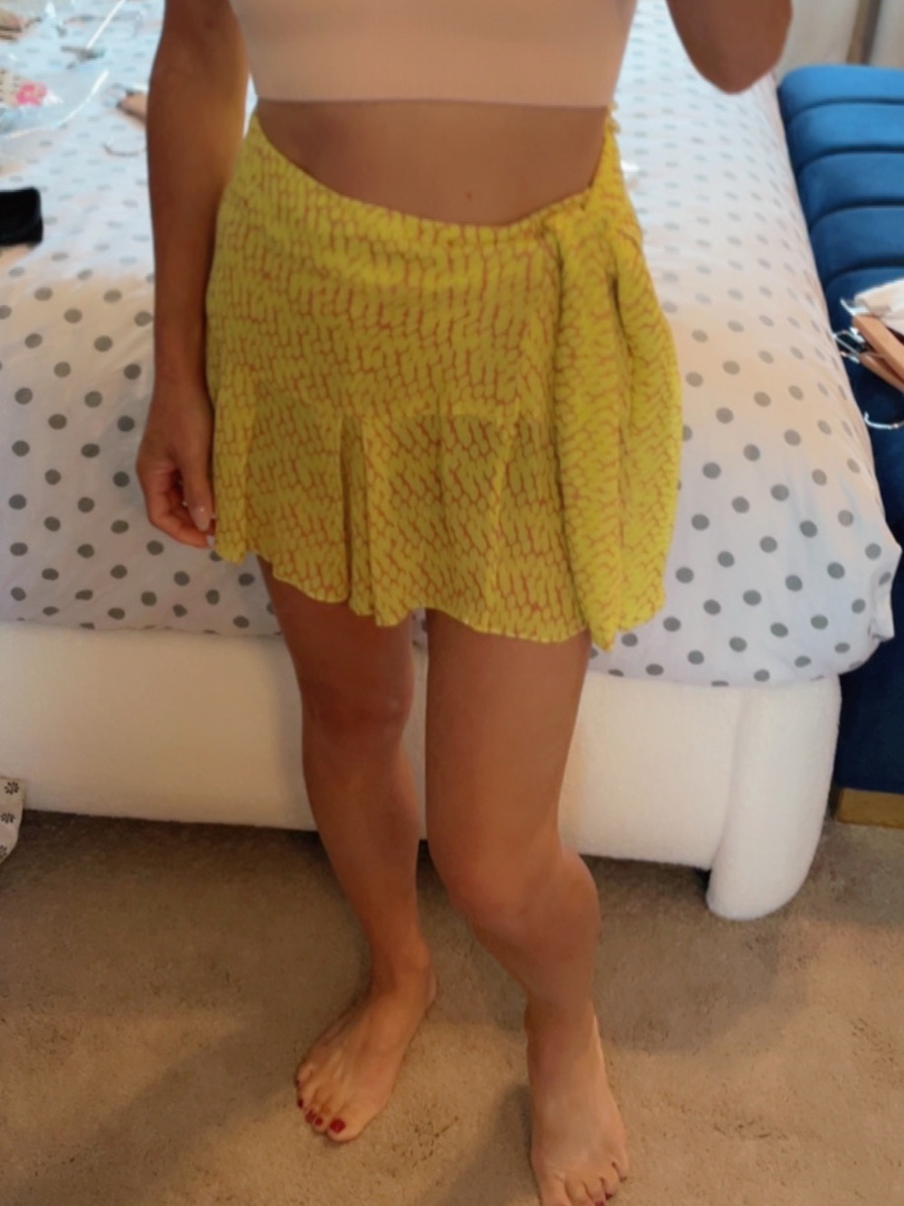 Yellow Printed Ruffle Hem Skater wrapped Skirt;